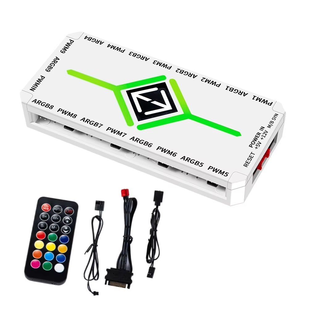 Multi Port 3 in 1 PWM Magnetic ARGB Fan Hub Splitter for PC with Remote Control Supports 9 Fans and Custom Lighting