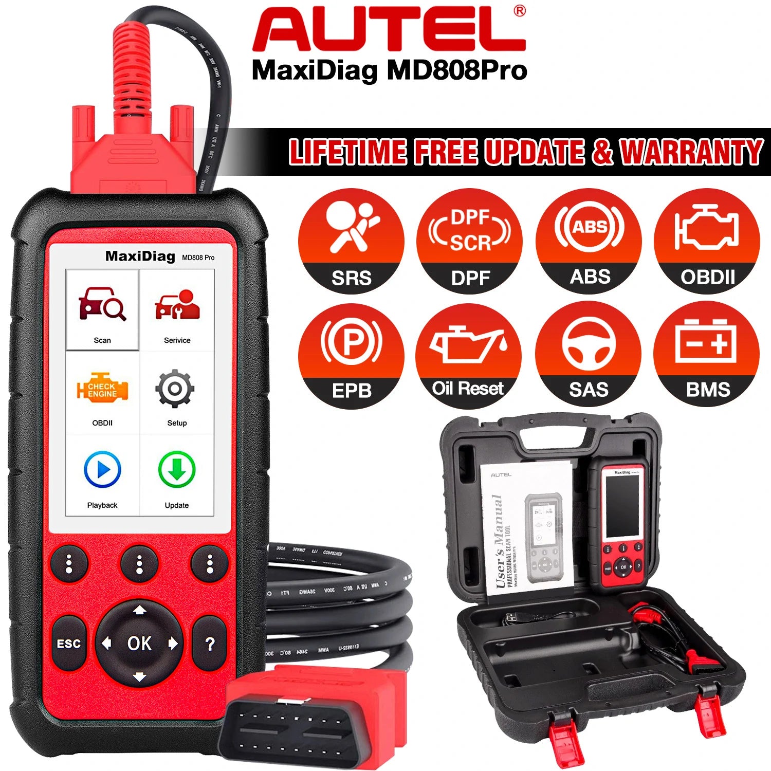 Autel Maxidiag Md808Pro OBD2 Car Diagnostic Scanner Automotive Code Reader OBDII Full System Diagnosis 7 Services
