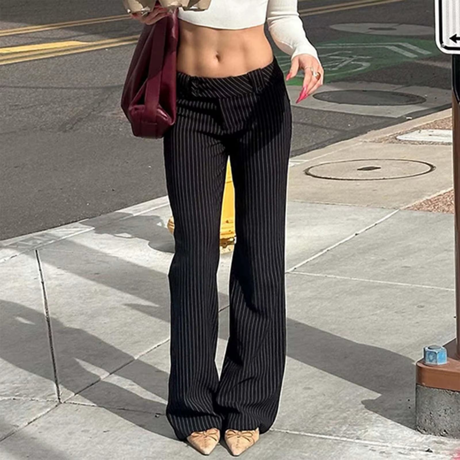 Trousers Striped Slim Fit Fashion Pants Low Rise Form Fitting Casual Trousers for Street Style Womens Wide Leg Trousers Tall
