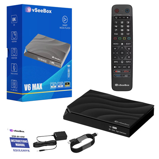Vseebox V6 Max 2026 - Latest Model, Android 14, 4GB RAM, 64GB Storage, Voice Control, Wi-Fi 6, Parental Control, 8K HDMI, Complete Kit with Remote, HDMI Cable, Power Adapter, and Setup Guide