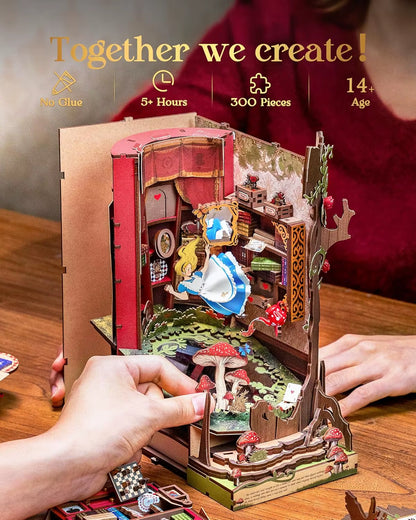 Robotime Rolife Book Nook Kits Fall into Wonder DIY Booknook with Lights Miniature House Kit 3D Wooden Puzzle Bookshelf Gift TGB