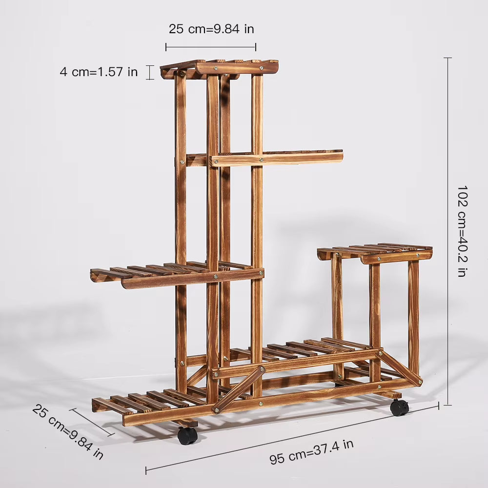 Multi-Tiered Wooden Plant Stand with Wheels for Indoor and Outdoor Use