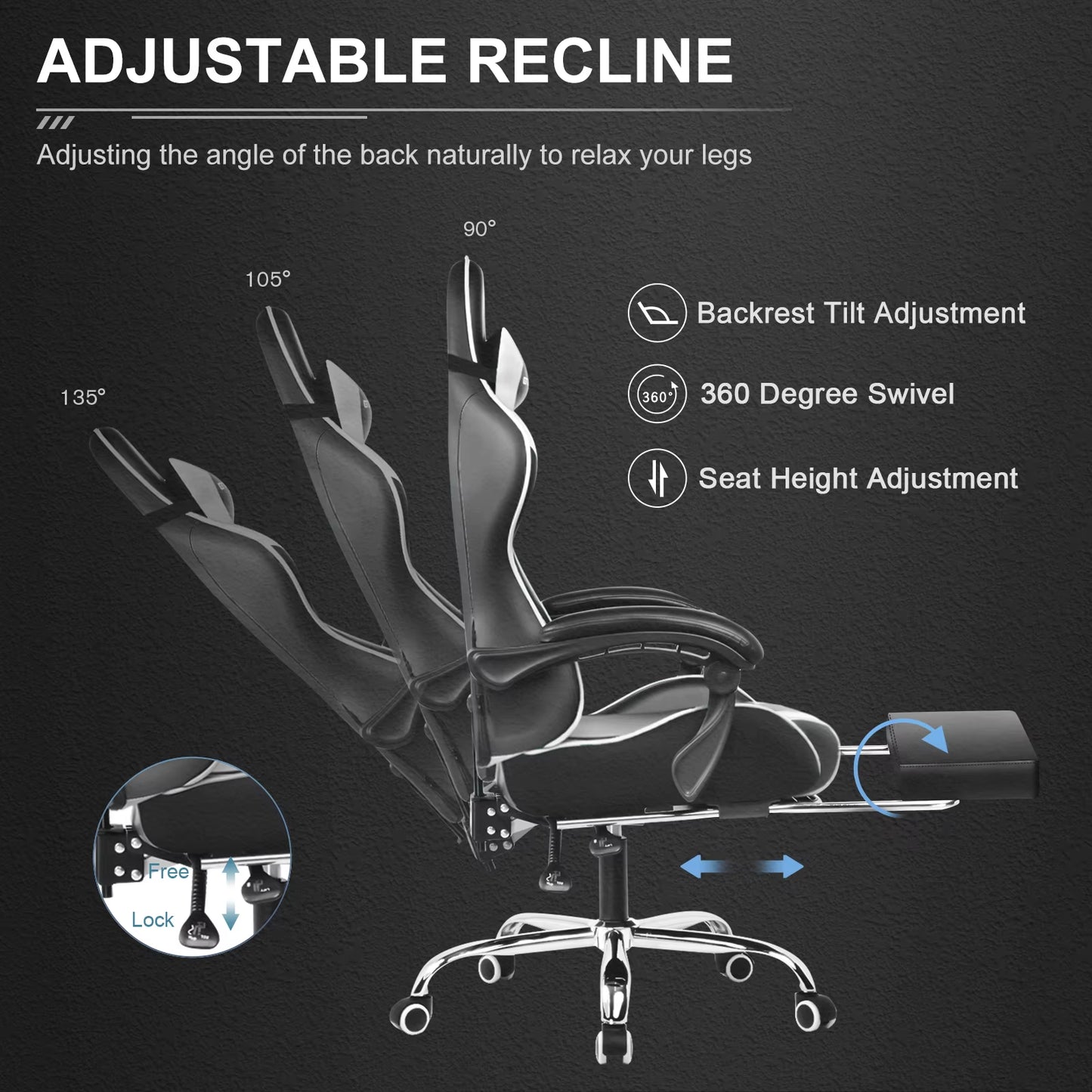 Gaming Chair with Footrest, Lumbar Support, Adjustable Height, Swivel Seat, Headrest for Office or Gaming