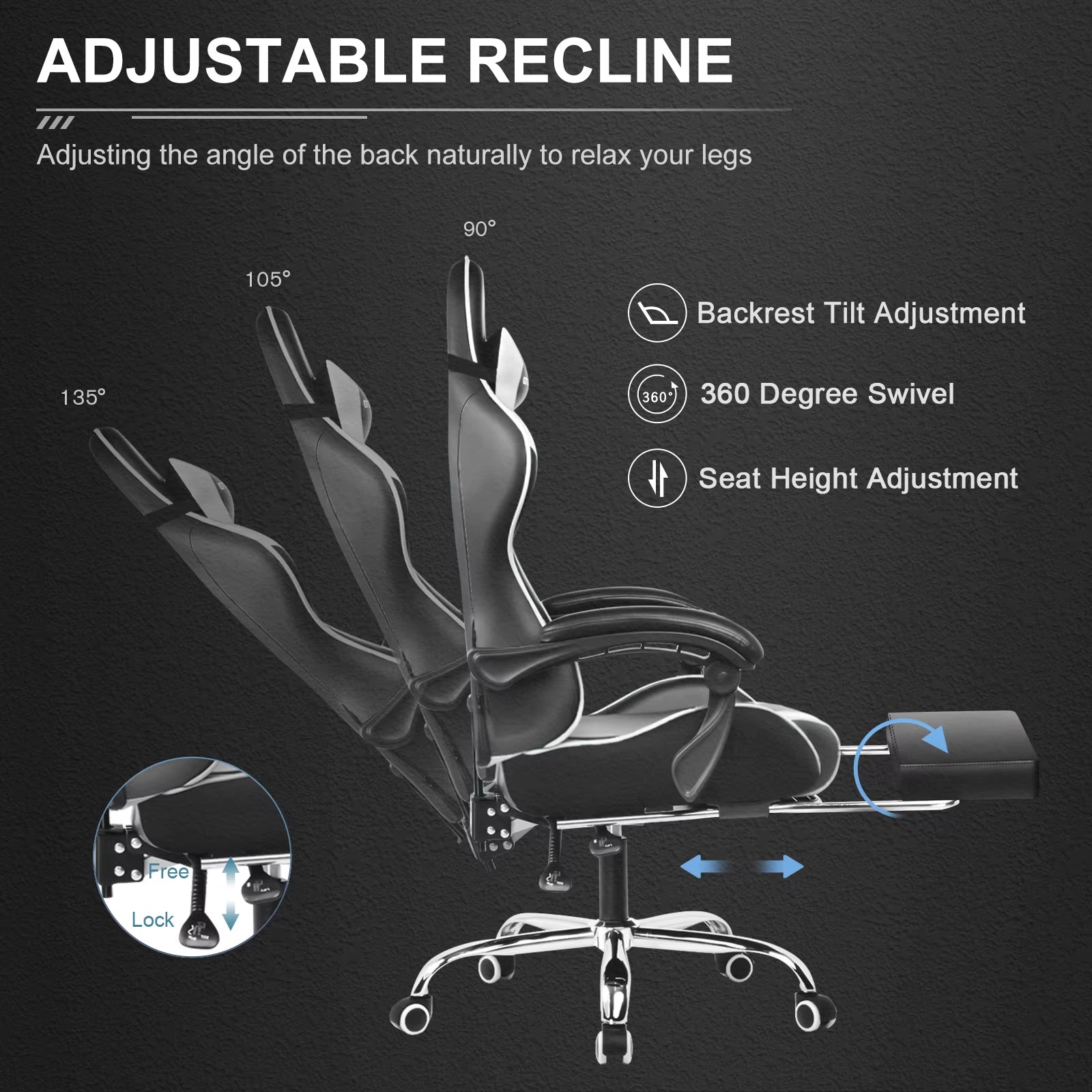 Gaming Chair with Footrest, Lumbar Support, Adjustable Height, Swivel Seat, Headrest for Office or Gaming