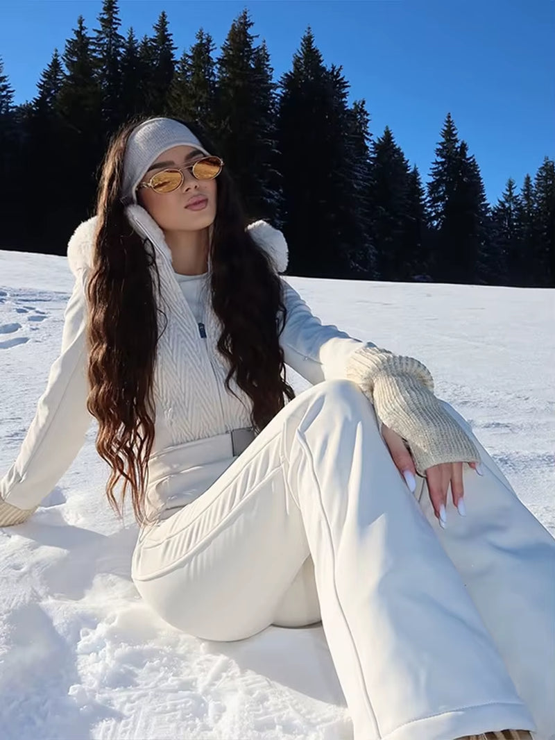 Casual Fur Collar Hooded Ski Suit Women'S Slim Belted Zipper Coat Straight Pant Jumpsuits 2025 New Winter Ladies Solid Outwear