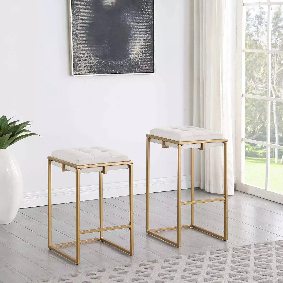 Nadia Modern Upholstered Square Counter Height Barstools Set of 2 in Beige and Gold