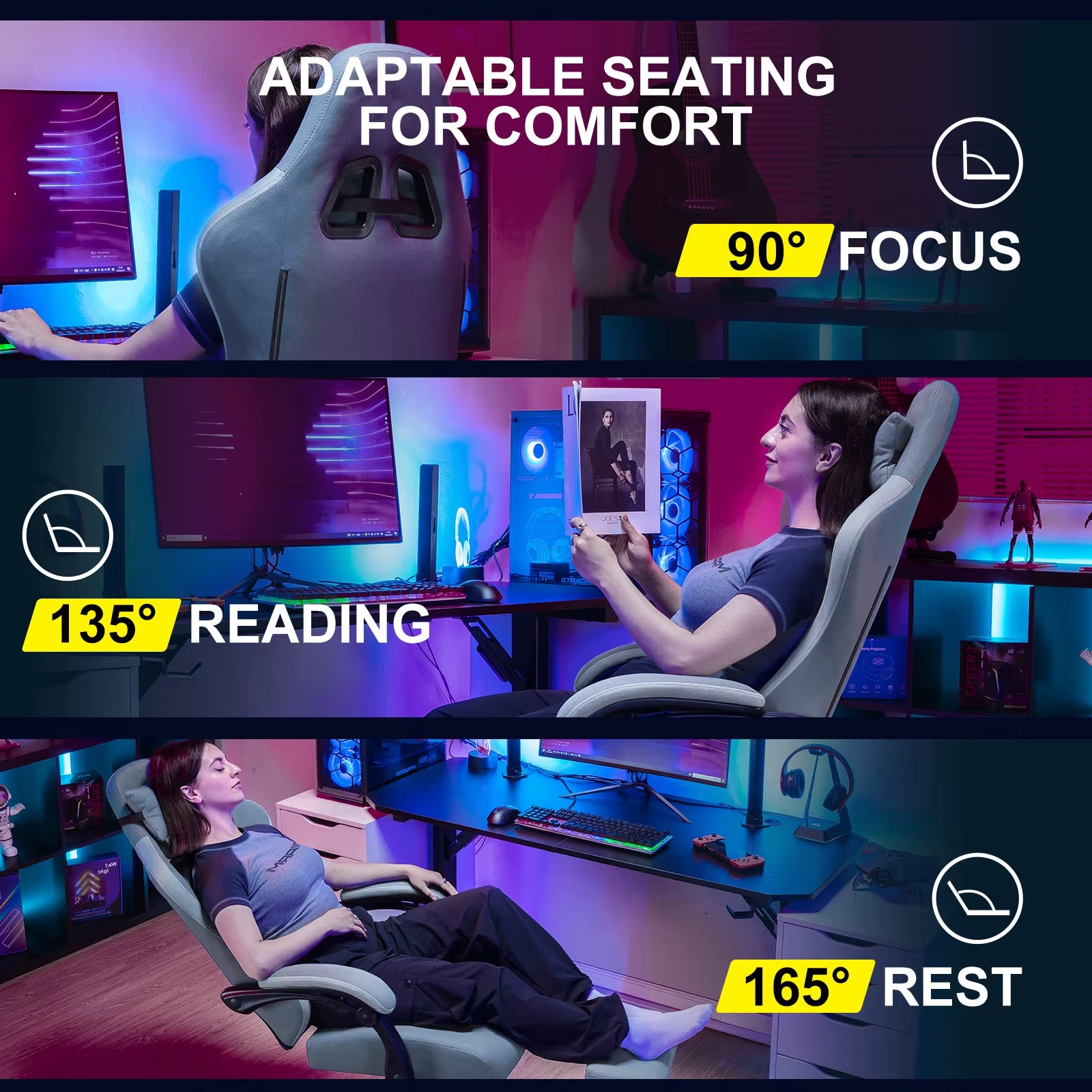 Gaming Chair with Pocket Spring Cushion, Linkage Armrests & Footrest, Ergonomic Office Chair with Lumbar Support