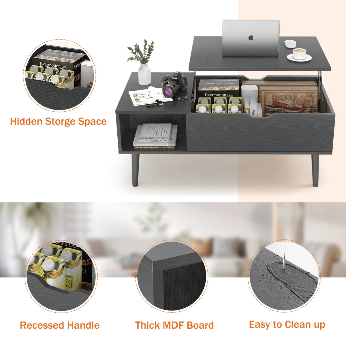 JHK Lift Top Coffee Table for Living Room - 39.37" x 19.7" Adjustable Wood Table with Storage Shelf