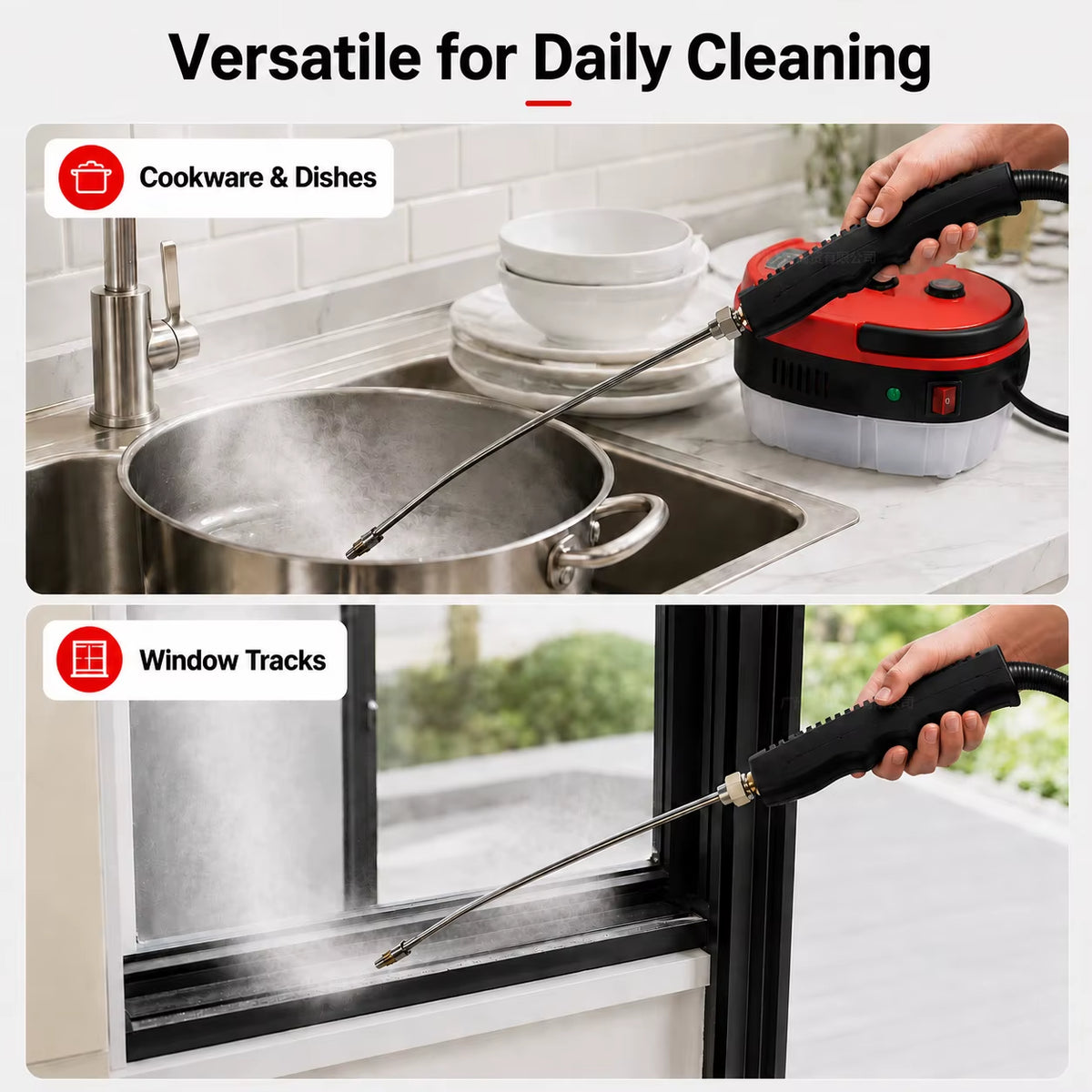 High-Pressure Portable Steam Cleaner with Brush Heads - Handheld Sanitizer with 6-Speed Settings, Extended Hose, and Large Capacity for Effective Grease and Dust Mite Removal in Air Conditioners, Range Hoods, Floors, Bathrooms, and Cookware.