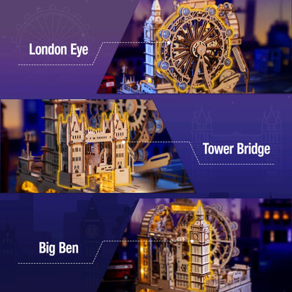 Robotime 3D Wooden Puzzle Marble Run Building Kit - London City Model with Lighting, Mechanical DIY Landmark Puzzle for Adults and Teens