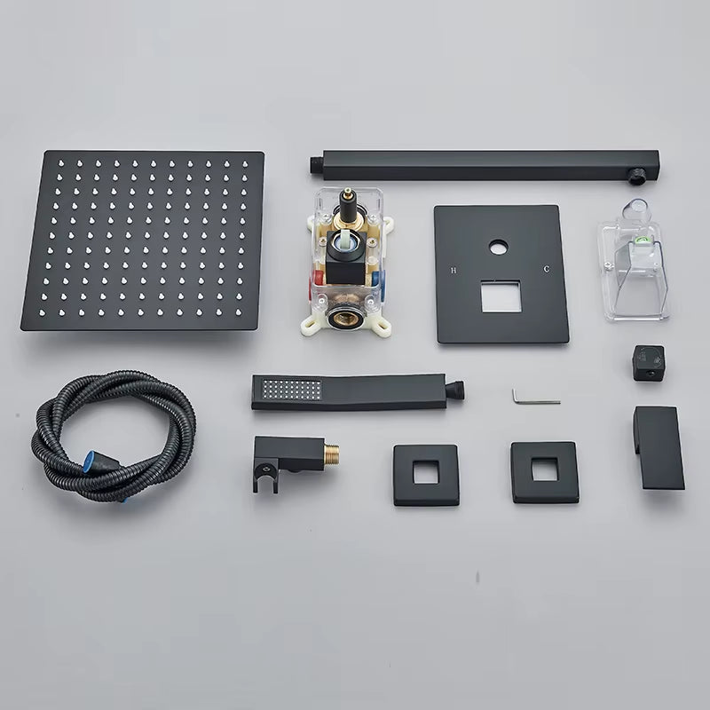 Black Concealed Shower System Rain Waterfall Bathroom Embedded Shower Faucet Set with Tub Spout