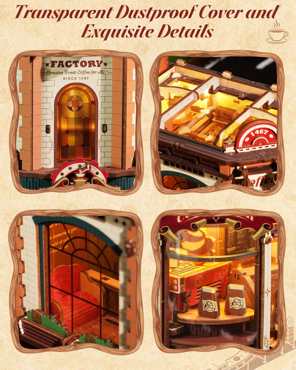 ROKR Wooden 3D Puzzle Dream Coffee Factory Music Box Model Building Kit - 593-Piece DIY Miniature House with LED Light, Unique Home Decor Gift for Adults and Women