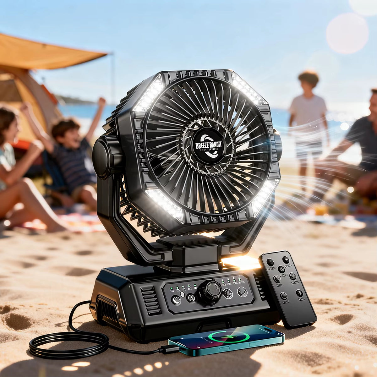 Coldsky 20,000mAh Rechargeable Camping Fan with Remote Control, 4 LED Lights, and 8 Adjustable Speeds for Outdoor Use