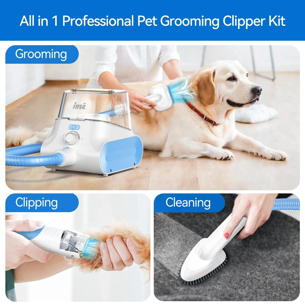 INSE P30 Ultra-Low Noise Dog Grooming Vacuum with 4.5L Dust Box and Pet Clipper for Efficient Pet Hair Removal