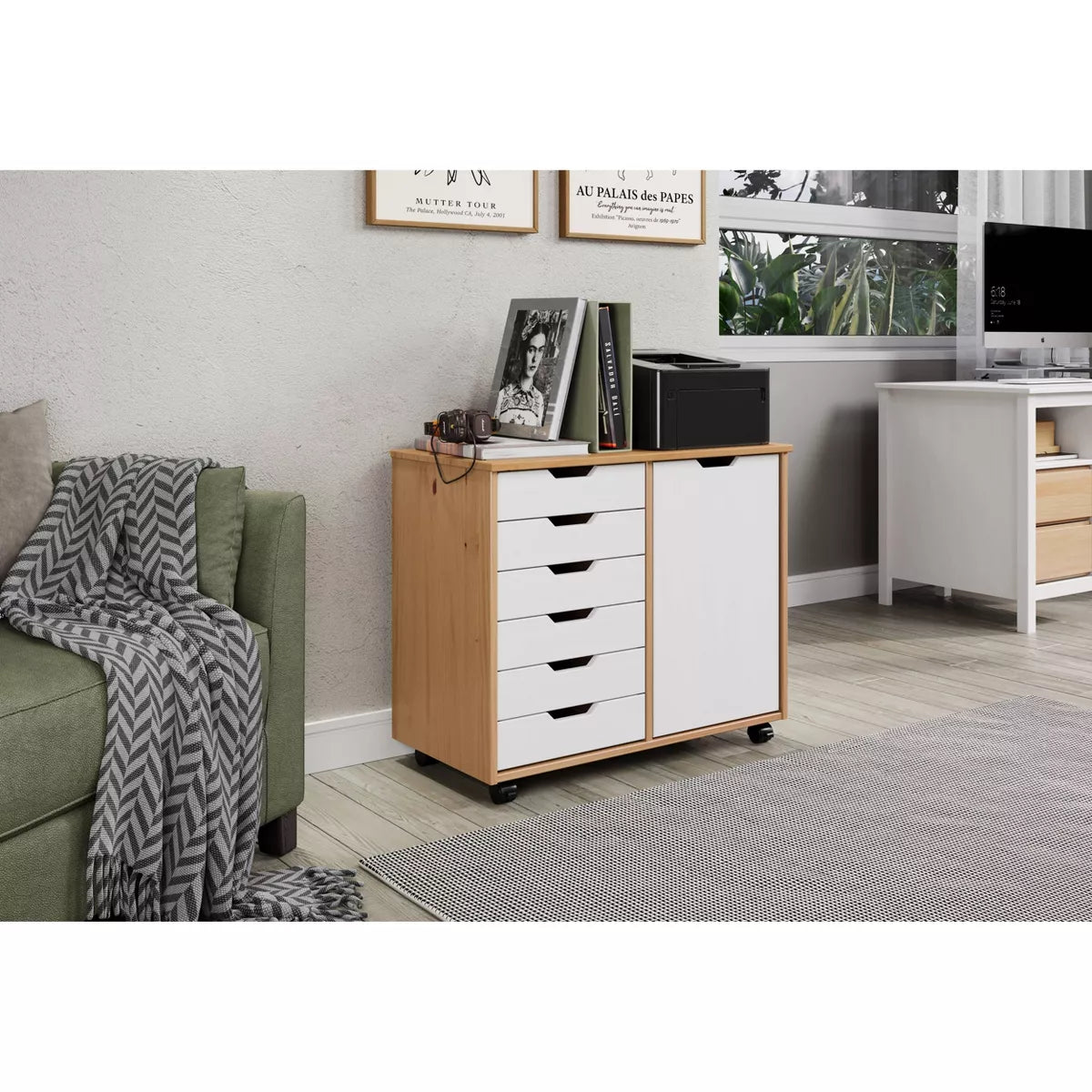 6 Door Drawer Roll Cart White and Natural Wood