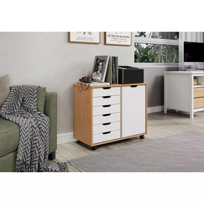 6 Door Drawer Roll Cart White and Natural Wood
