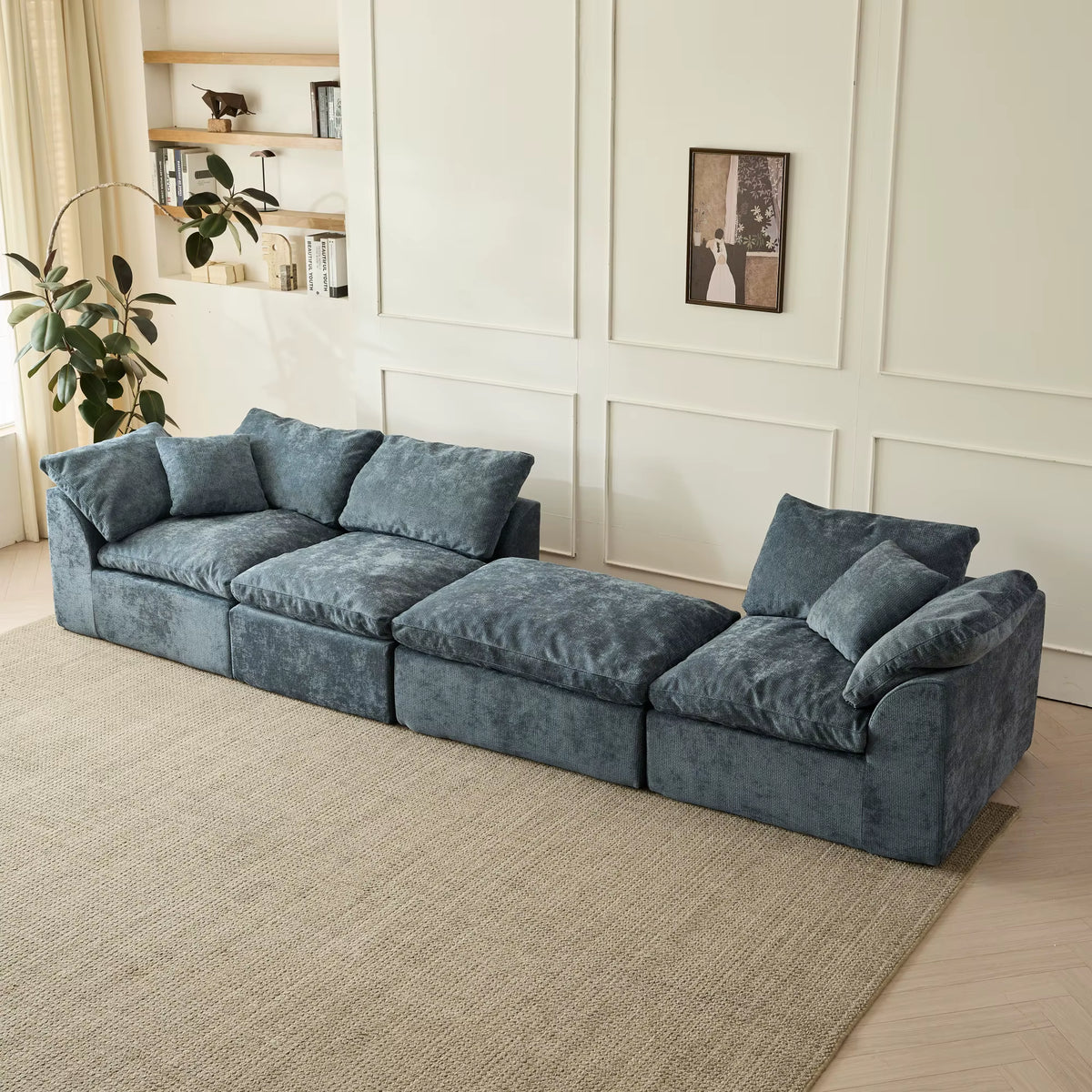 109" Modern L-Shaped Oversized 3-Seater Sofa in Blue Chenille Fabric with Modular Ottoman