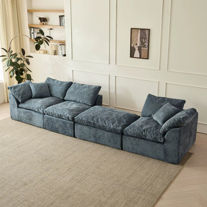 109" Modern L-Shaped Oversized 3-Seater Sofa in Blue Chenille Fabric with Modular Ottoman
