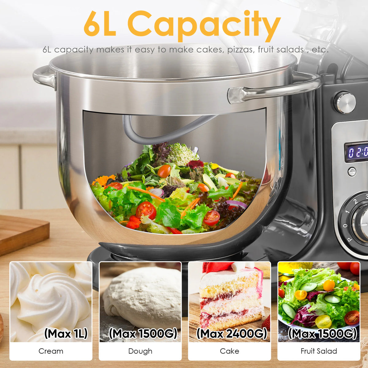 Biolomix Professional Kitchen Stand Mixer with Quiet Motor, 6-Speed Settings, 1200W Power, 6L Capacity, and Cream Egg Whisk Attachment