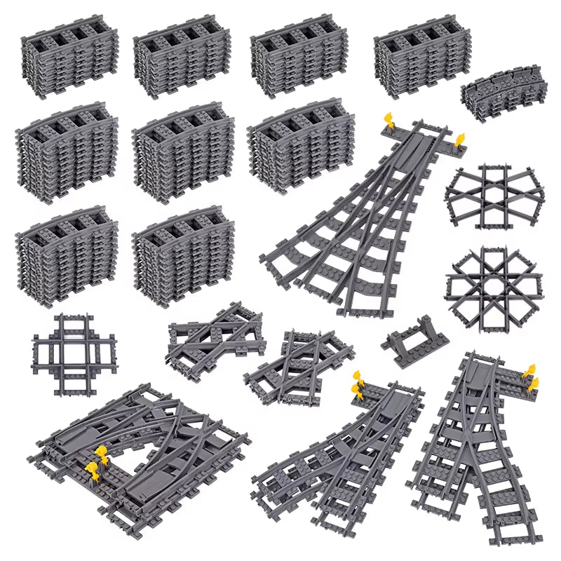 MOC 110-Piece City Train Track Set with 25 Styles of Single Slip Switches, Crossings, and Rails - Building Blocks Technical Toys for Children