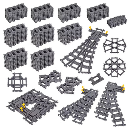 MOC 110-Piece City Train Track Set with 25 Styles of Single Slip Switches, Crossings, and Rails - Building Blocks Technical Toys for Children