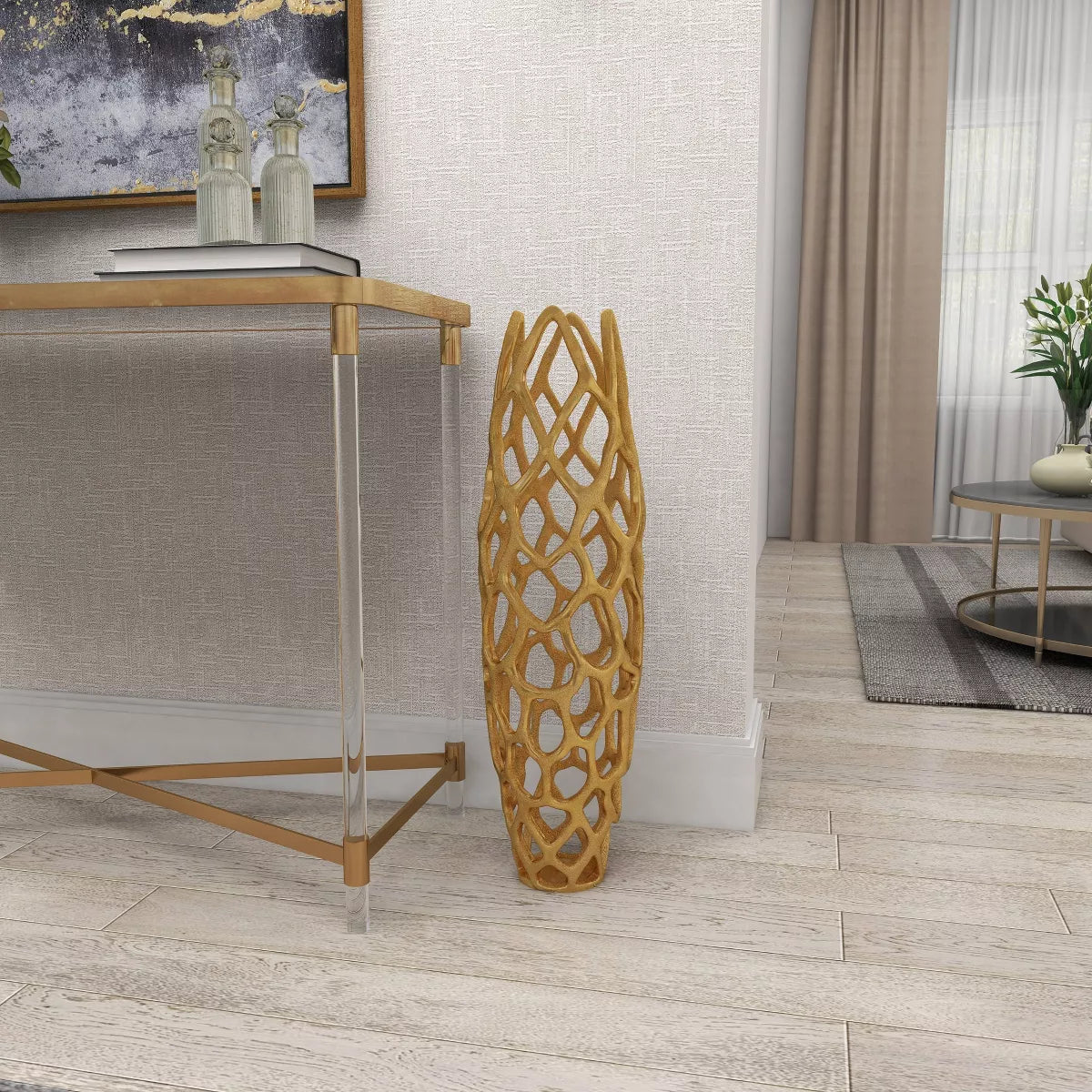 31" x 9" Contemporary Gold Aluminum Vase with Eclectic Woven Net Design