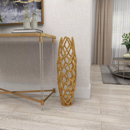 31" x 9" Contemporary Gold Aluminum Vase with Eclectic Woven Net Design