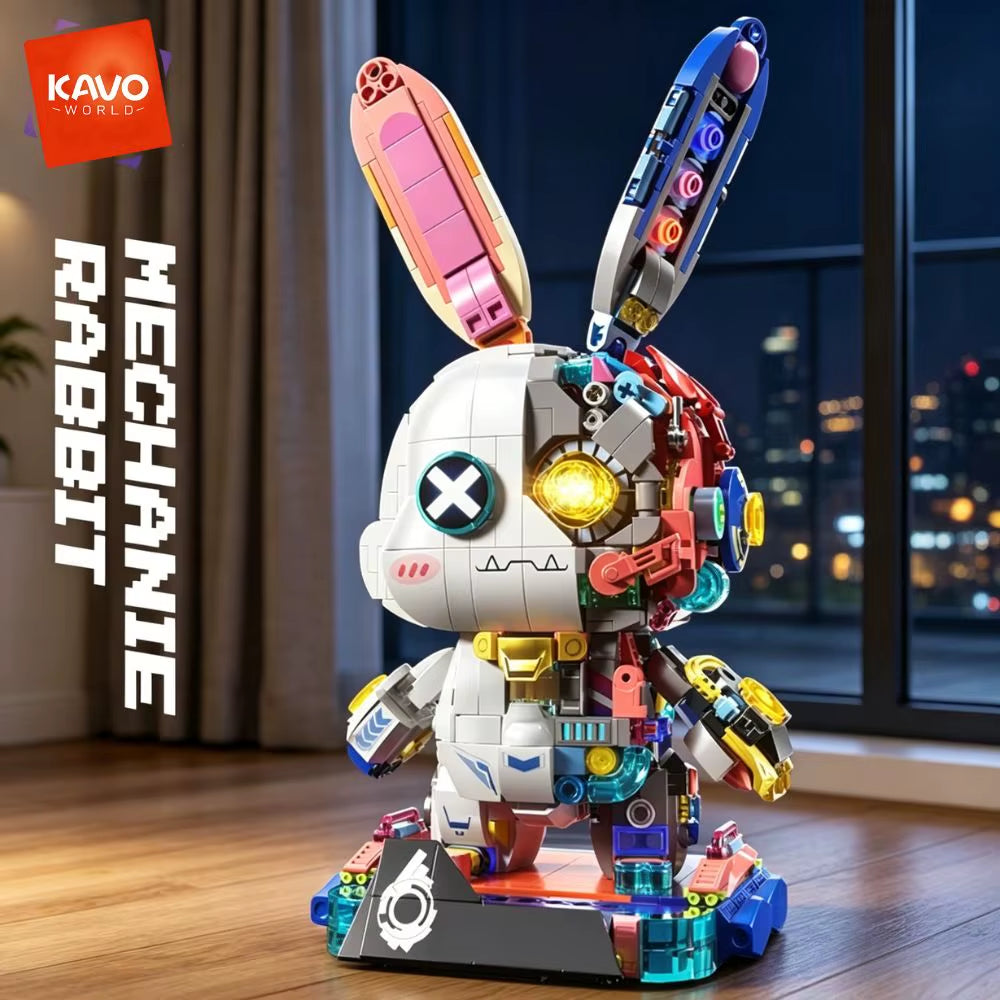 KAVOWORLD 1377-Piece Robot Rabbit Building Blocks Set with LED Light, Multi-Point Rotatable Detachable Base, DIY Cyberpunk Mecha Construction Kit for Home and Office Decor, Ideal Gift for Teens and Adults