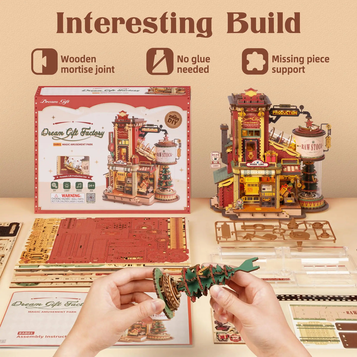 Robotime Rokr Dream Gift Factory 3D Wooden Puzzle with Light and Music - Ideal Christmas Gift for Children and Kids Building Block Kit