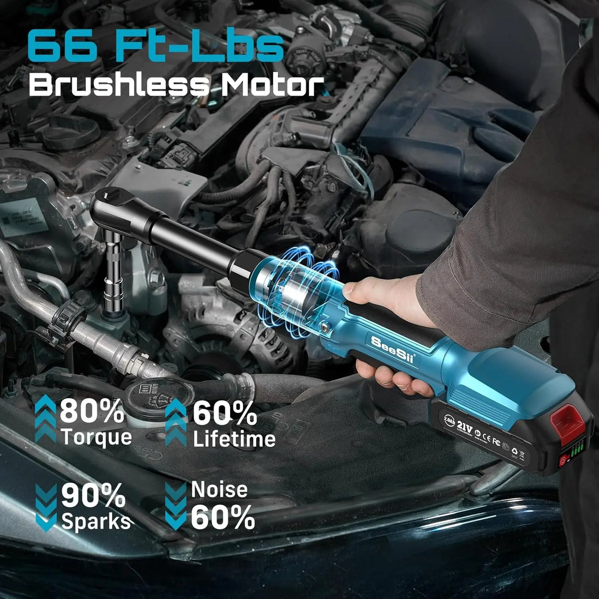 SEESII 3/8" 21V Cordless Electric Ratchet Wrench with 80Nm Torque and 6.3'' Extended Reach - Rechargeable Angle Wrench for Makita 18V Battery Compatibility