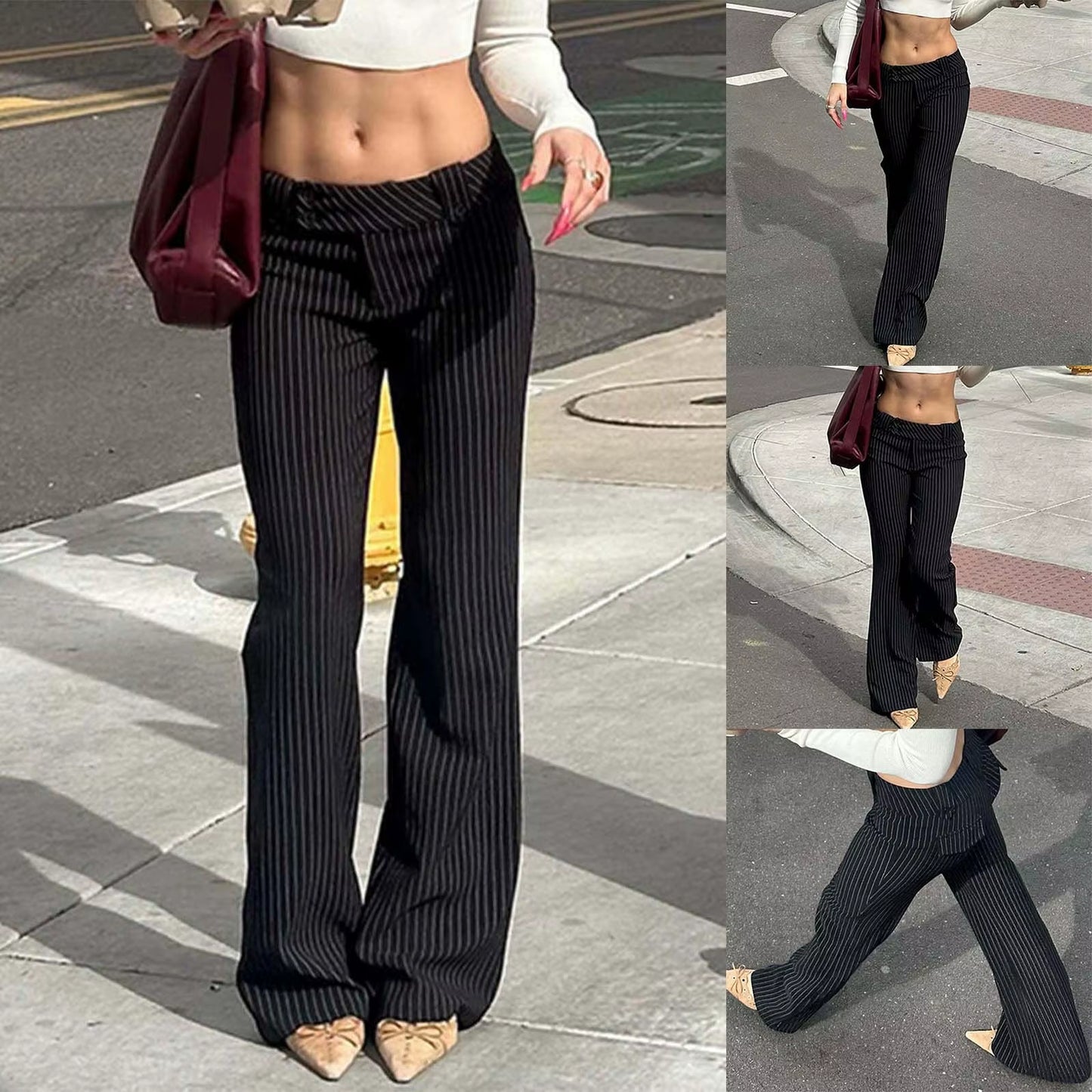 Trousers Striped Slim Fit Fashion Pants Low Rise Form Fitting Casual Trousers for Street Style Womens Wide Leg Trousers Tall