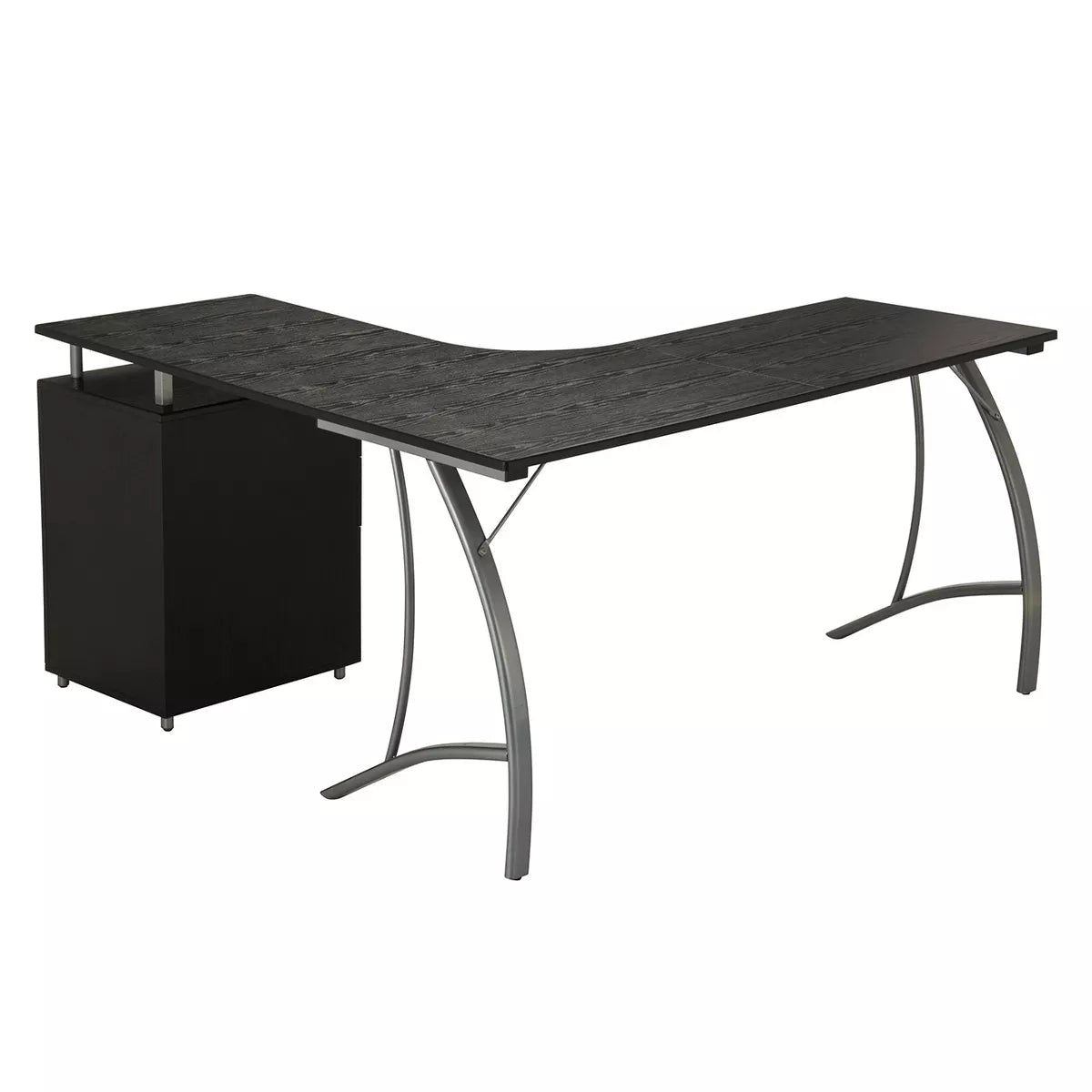 Modern L Shaped Computer Desk with File Cabinet and Storage Espresso Brown: Office Workstation, MDF & Steel Construction