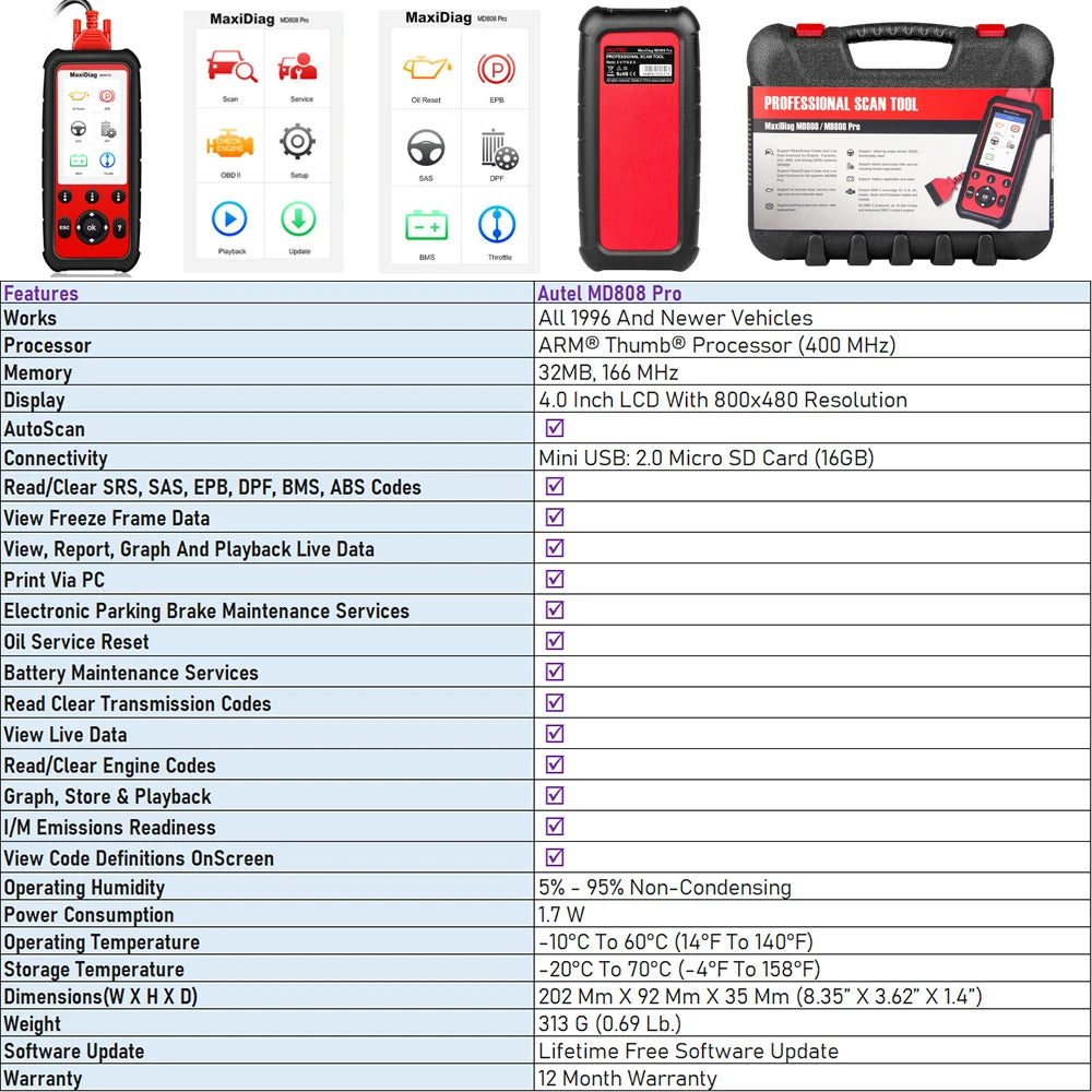 Autel Maxidiag Md808Pro OBD2 Car Diagnostic Scanner Automotive Code Reader OBDII Full System Diagnosis 7 Services