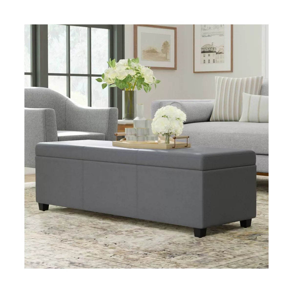 Extra Large Stone Gray Storage Ottoman Bench with Linen Upholstery and Hinged Lid, Accommodates Two Seats