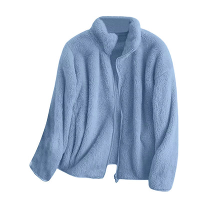 Women Casual Zip up Fleece Jacket Solid Color Long Plush Polar Warm Zipper Outwears Female Gils Lamb Wool Jackets with Pockets