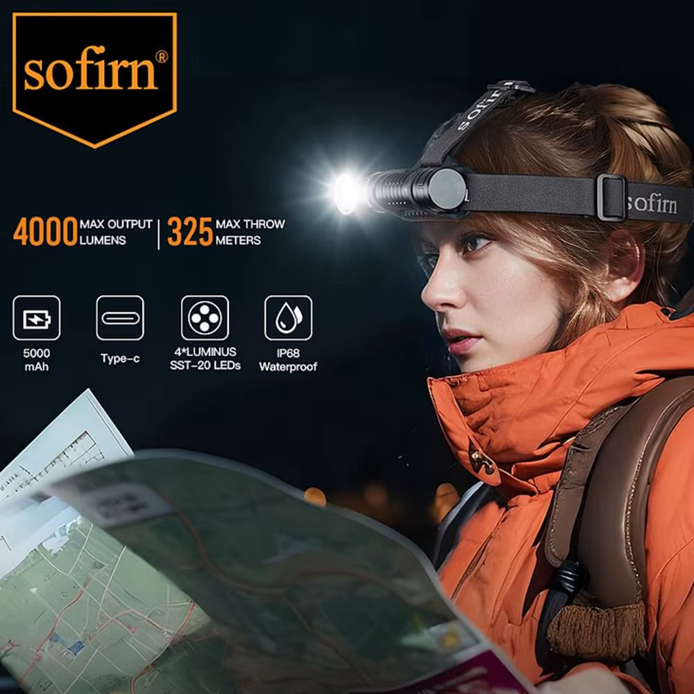 SOFIRN HS41 4000 Lumen Rechargeable Headlamp with SST20 LED and Magnetic Tail Indicator