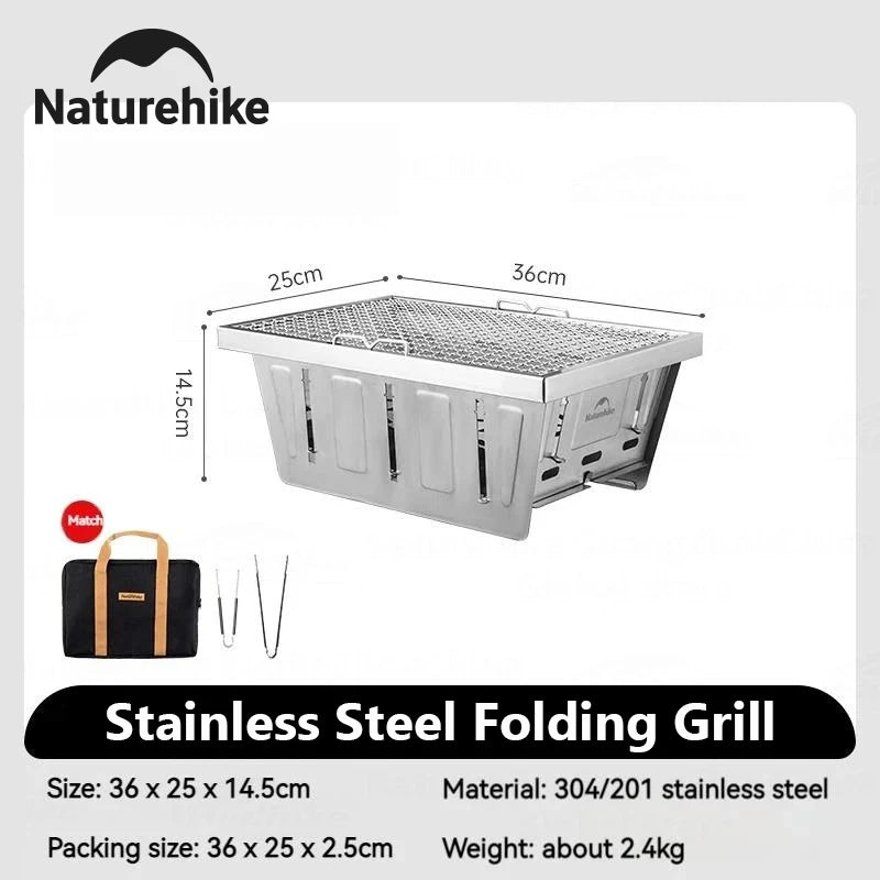 Naturehike Portable Folding Charcoal Grill for IGT Table - Outdoor BBQ Rack with Tongs