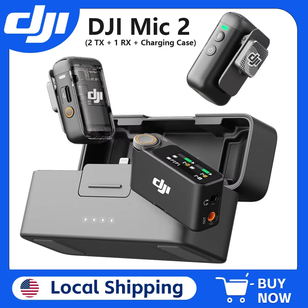 DJI Mic 2 Wireless Microphone System (2 Transmitters + 1 Receiver + Charging Case) with Intelligent Noise Cancellation, 32-Bit Float Internal Recording, and 250M Range for iPhone, Android, and Camera