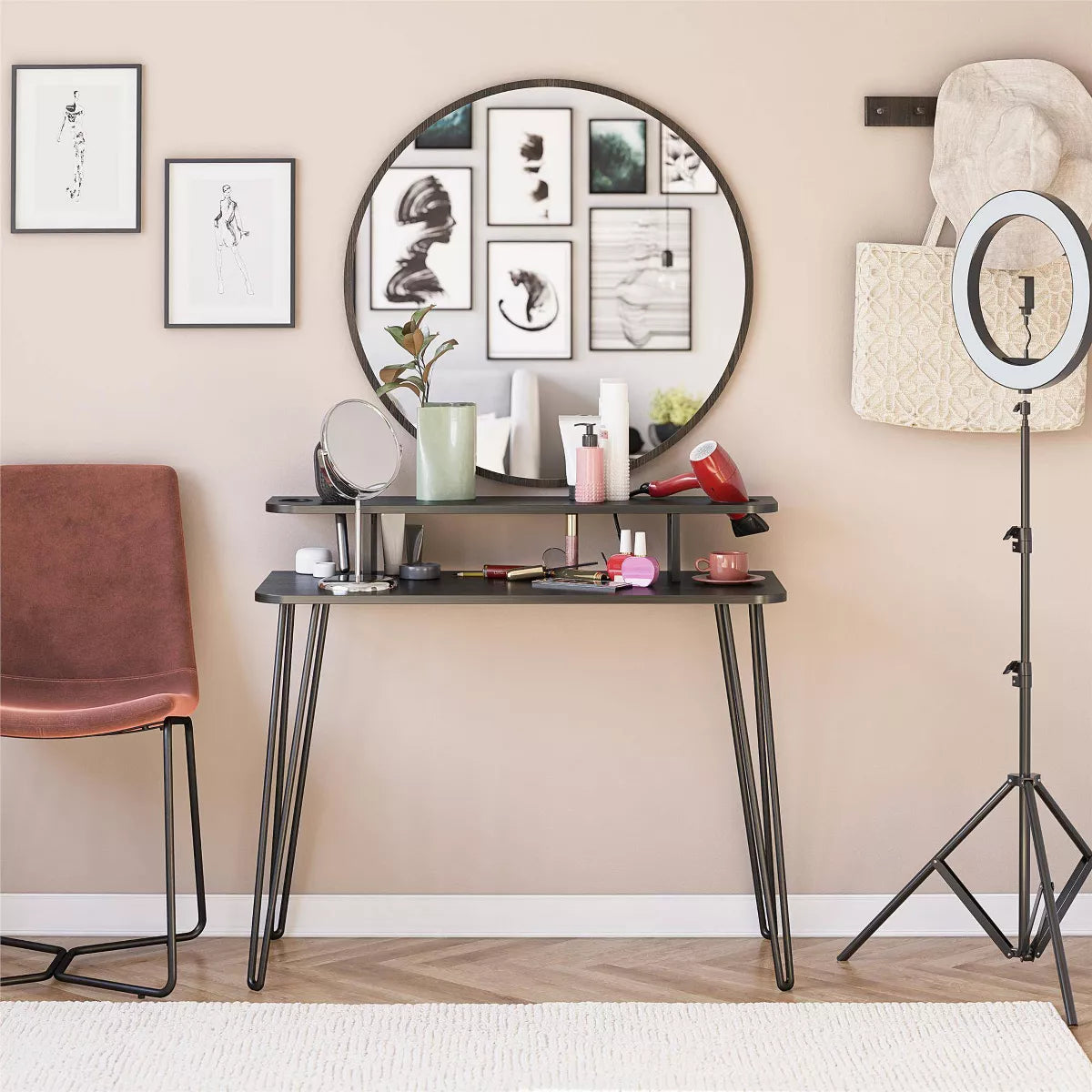 Home Vanity Black Oak - Mid-Century Modern Design, Metal Frame, Particle Board Surface