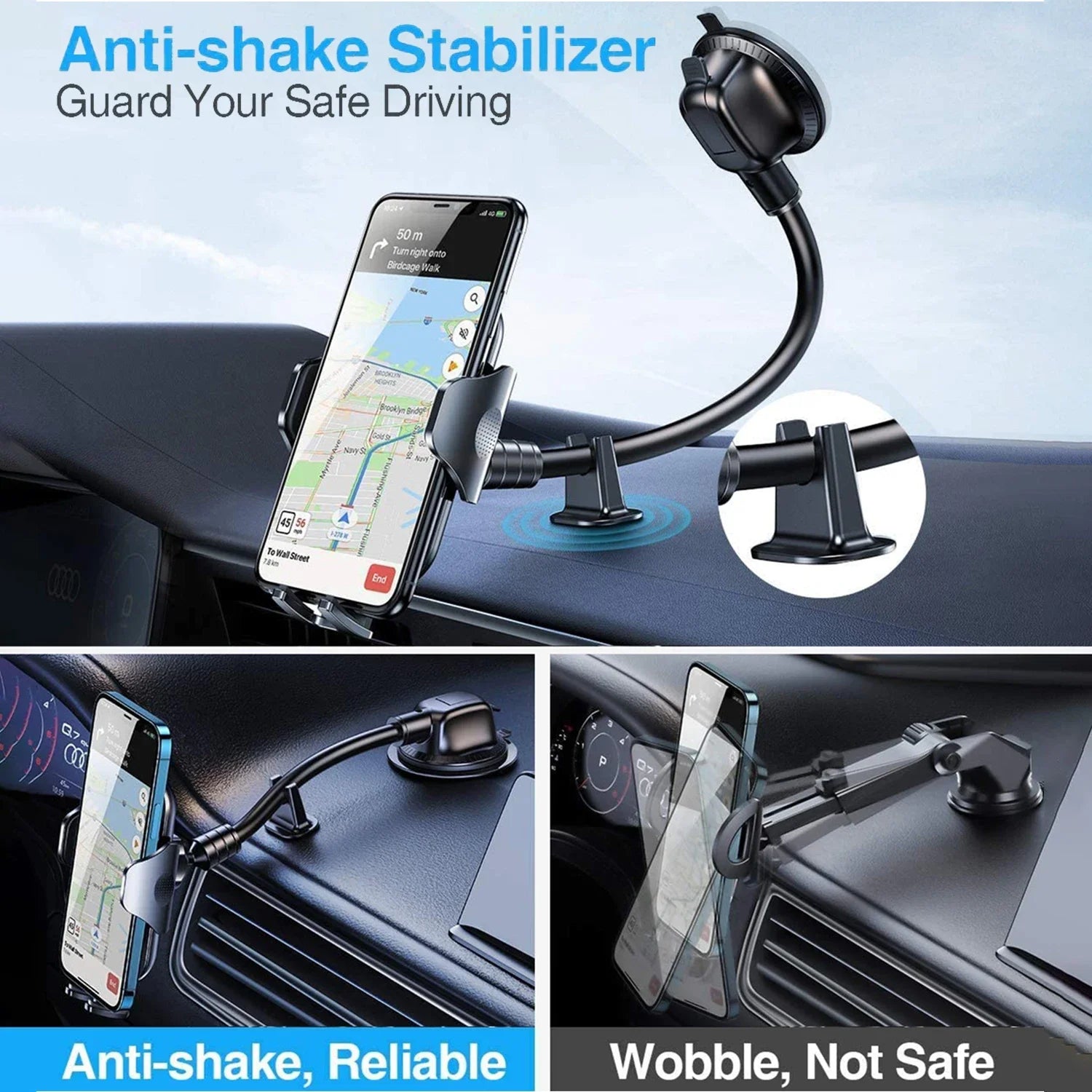 Dashboard Phone Holder for Car【360° Widest View】9In Flexible Long Arm, Universal Handsfree Auto Windshield Air Vent Phone Mount