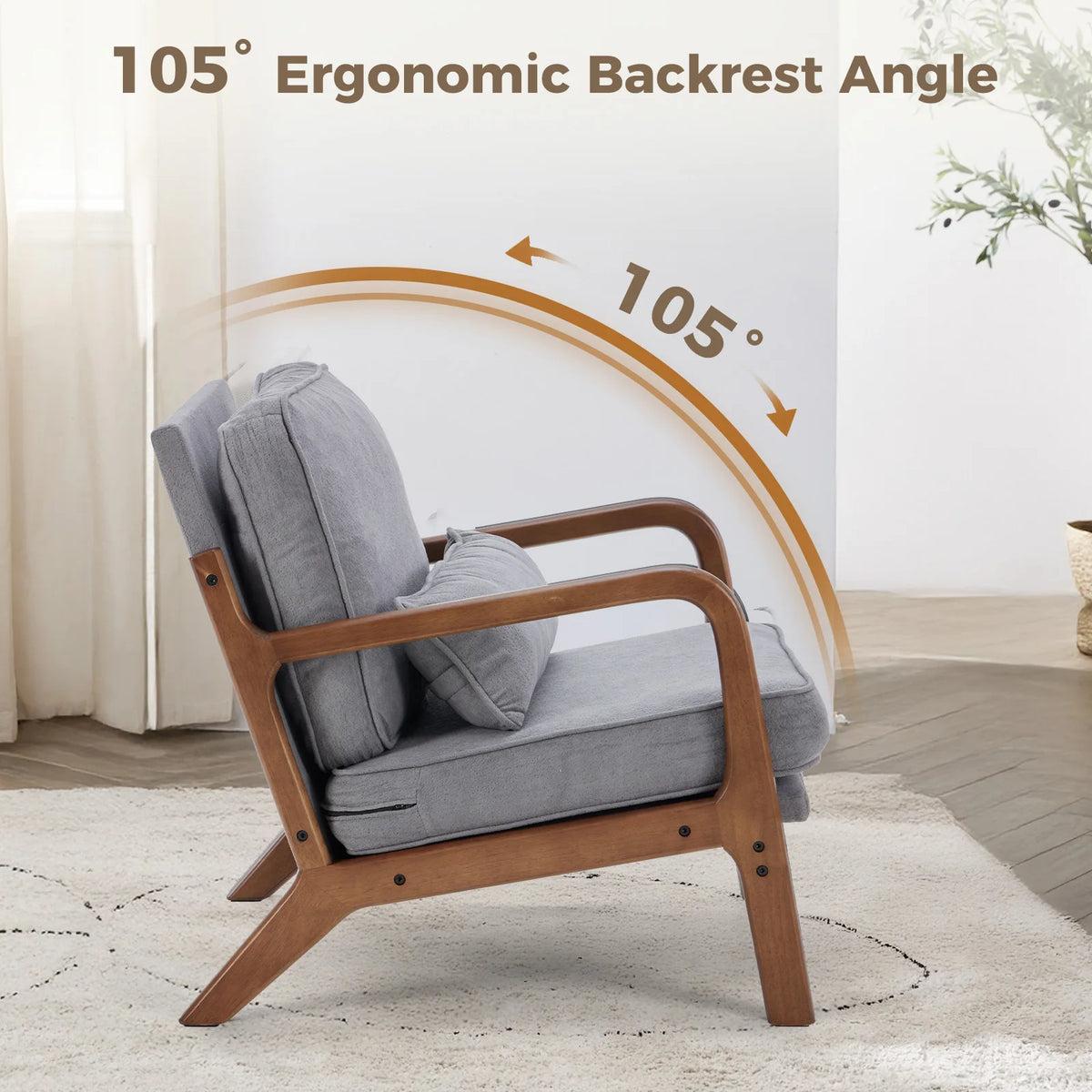 JHK Mid-Century Modern Accent Chair with Solid Wooden Frame, Armrests, and Waist Cushion for Adults - Ideal for Reading and Lounging