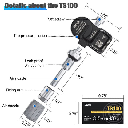 XTOOL TS100PRO 2-in-1 TPMS Sensor - 315MHz & 433MHz Automotive Tire Repair and Programming Tool (4 PCS)