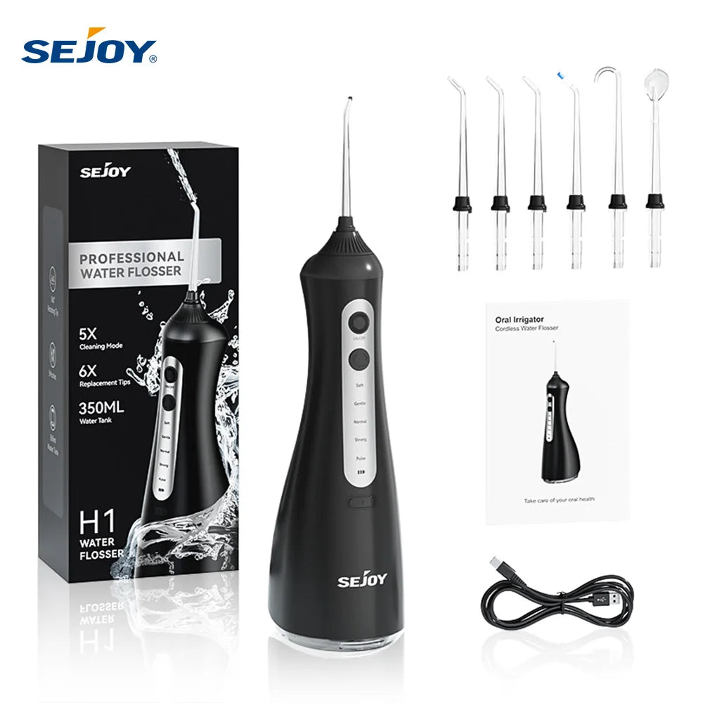 Sejoy Cordless Electric Oral Irrigator with 350ML Water Tank, 6 Cleaning Modes, and IPX7 Waterproof Rating for Home Use