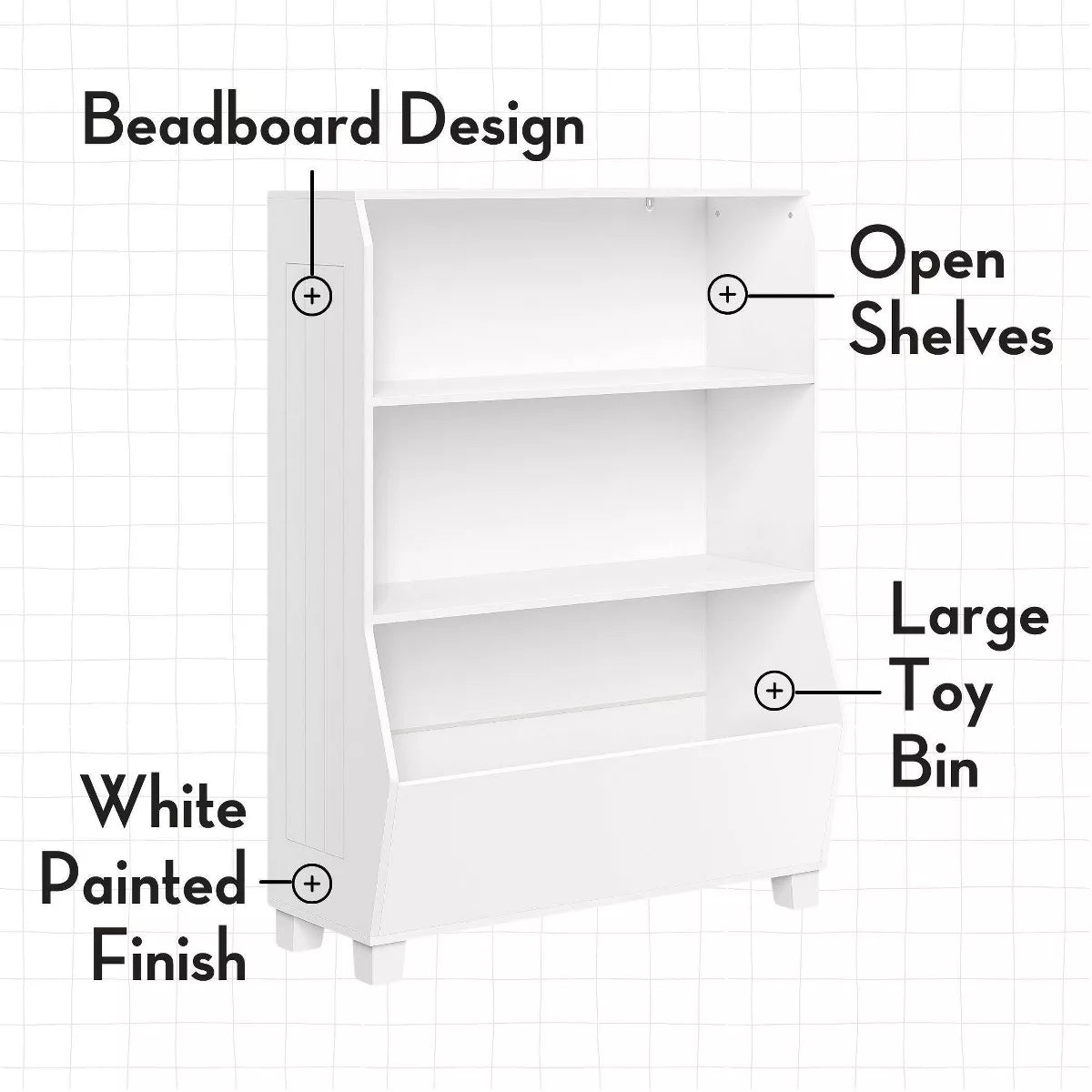 Kids' 34" Playroom Bookshelf with Veggie Bin Organizer, 2 Open Toy Storage Shelves, and 4 Fabric Bins