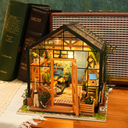 Robotime Mini Green House Cathy'S Flower House DIY Dollhouse Wooden Miniature Furniture Kit with LED Best Birthday Gifts