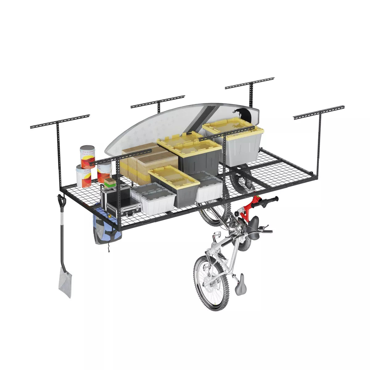 Adjustable Overhead Garage Storage Rack, 4' x 8', with 8 Accessory Hooks, Black Steel Utility Shelves