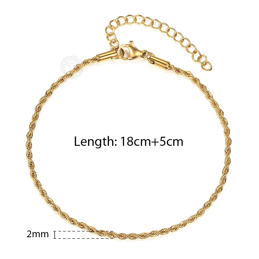 2/3/4/5Mm Stainless Steel Twisted Rope Chain Bracelets for Women Men Fashion Punk Bangle Length Adjustable 18Cm+5Cm