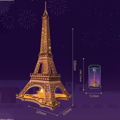 Robotime 3D Wooden Puzzle - Eiffel Tower Model (1:638) for Adults and Children - DIY Craft Kit with Lighting Feature
