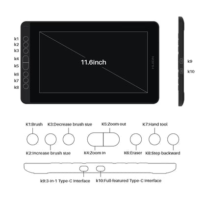 HUION Kamvas 12 Graphic Tablet Monitor Portable 11.6 Inch Anti-Glare Screen Drawing Pen Display Support Windows Android Macos