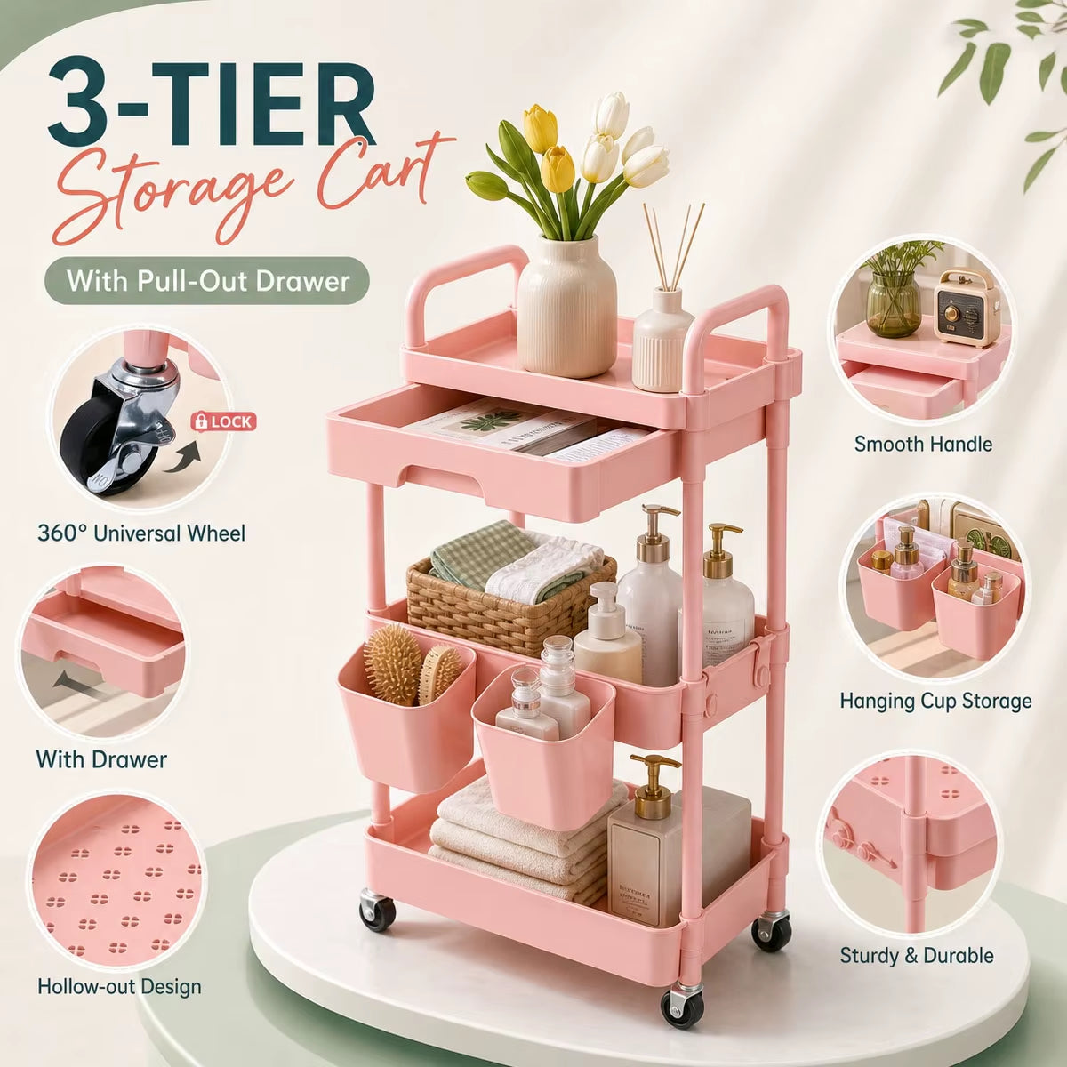 3-Tier Mobile Storage Cart with Pull-Out Drawer, Lockable Wheels, and Hanging Cups - Versatile Organizer for Kitchen, Bathroom, and Living Room